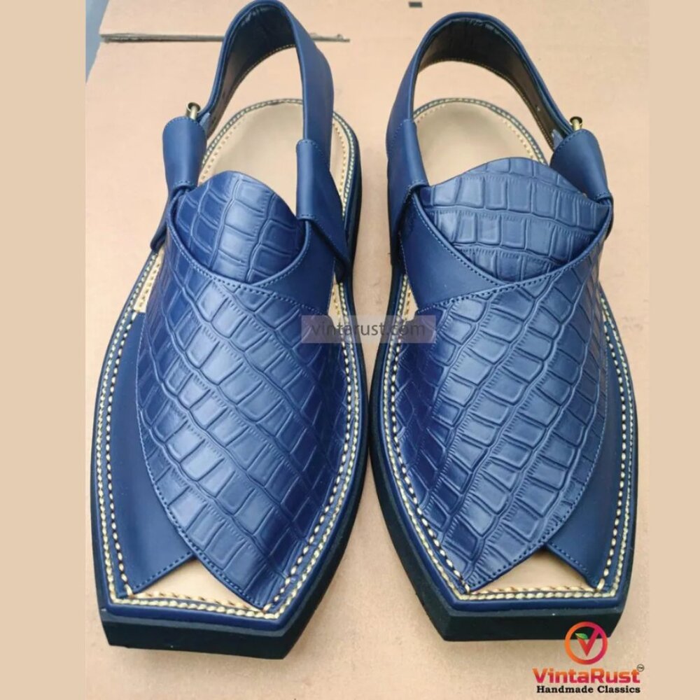 Blue Leather Sandals, Handmade Peshawari Chappal, Traditional Leather Blue